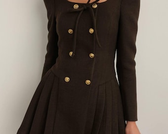 Military Style Chocolate Mini Dress: Double-Breasted Fitted Silhouette