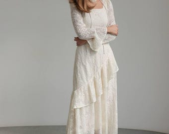 Lace Midi Dress: Embroidered Cotton, Ruffle Cuffs & Floral Belt