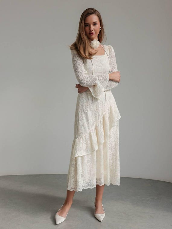 Lace Midi Dress: Embroidered Cotton, Ruffle Cuffs & Floral Belt