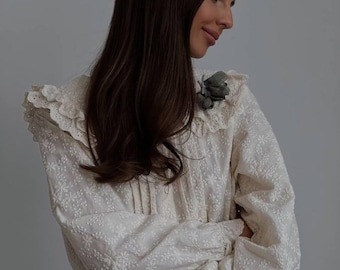 Cottagecore Midi Dress: Vintage-Inspired Long Sleeve Dress with Brooch, Autumn Cream Dress