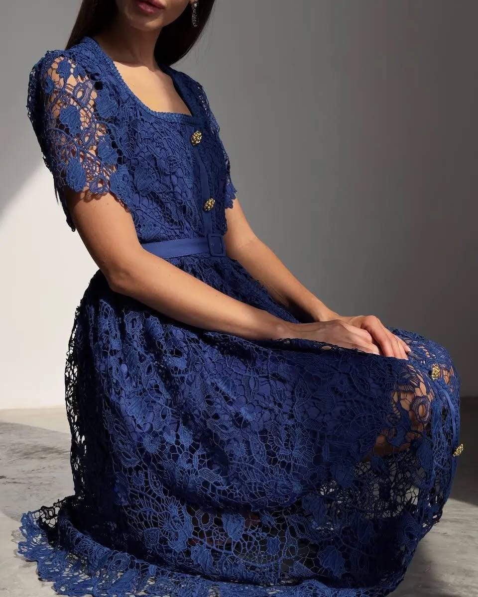 Blue Lace Midi Dress: Wedding Guest Dress, Garden Party Dress