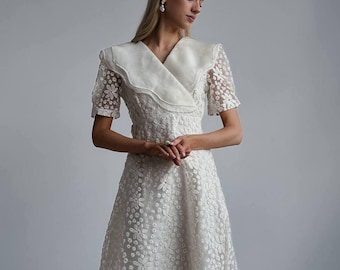 White Lace Midi Dress: Vintage Cottagecore Wedding Guest Outfit