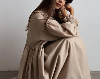 Vestido estilo pradera de algodón beige: cuello de encaje estilo bohemio cottagecore