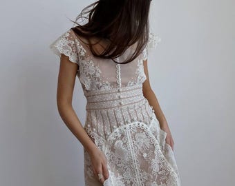 Minivestido de encaje blanco: vestido de fiesta en el jardín, vestido de invitada de boda