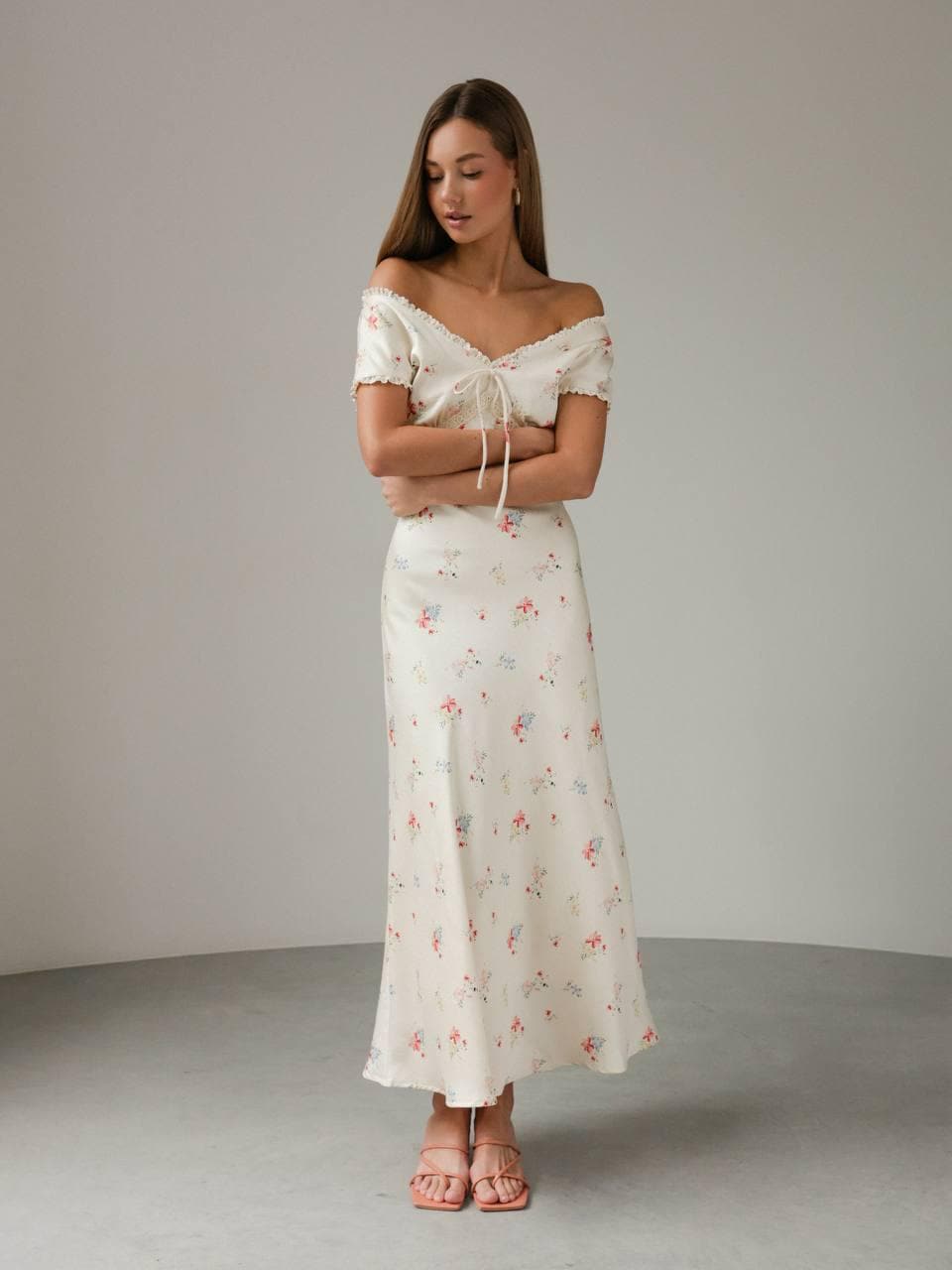 Women Satin Maxi Dress, Light Beige Floral Dress, Romantic Floral Summer Dress, V Neck Lace Trim Modest Handmade Feminine Floral Print Dress