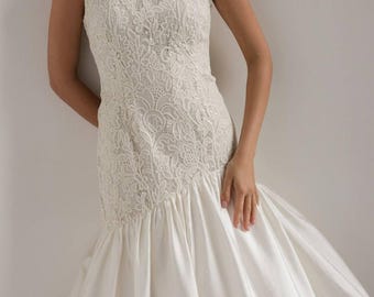 Beige Lace Midi Dress: Embroidered Bridal Shower Gown