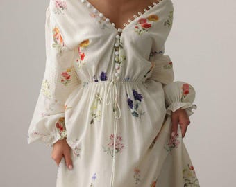 White Button Down Maxi Dress | Handmade Long Sleeve Summer Dress with Puffy Sleeves | Modest Designer Vacation Dress for Women