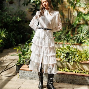 Victorian White Ruffle Dress | Romantic Sheer Lace Prairie Gown | Button Down Boho Western Long Sleeve Dress | Handmade Bridal Look