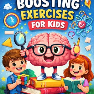 May include: A colorful illustration promoting "Brain Boosting Exercises for Kids." It features a smiling brain wearing glasses, children with a Rubik's cube and a book, and educational symbols like a lightbulb and a rocket ship. The background is a starry blue.