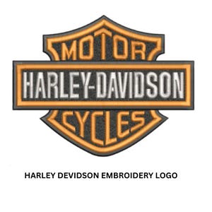 May include: An embroidered Harley-Davidson Motor Cycles logo patch featuring a black shield shape with orange borders. The central horizontal bar contains the white text Harley-Davidson, while the top and bottom sections display Motor and Cycles.