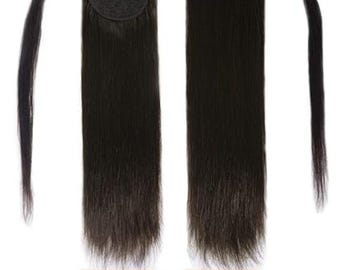 Raw Unprocessed Human Hair Straight Texture Wrap Around Long Ponytail Extensions.
