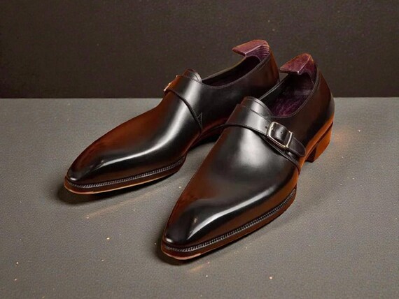 LuxuriousHides Handcrafted Men Dark Brown Leather Single Buckle Formal Monk Strap Shoes