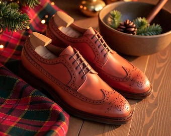 Luksusowe, ręcznie robione, męskie, brązowe, skórzane, sznurowane, eleganckie buty typu derby z zapięciem na rzep