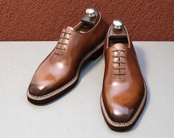 Luksusowe, ręcznie robione, męskie, brązowe, cieniowane, skórzane, sznurowane buty typu Oxford