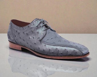 Luksusowe, ręcznie robione, męskie, szare, skórzane, sznurowane buty typu derby z kolekcji Oxford
