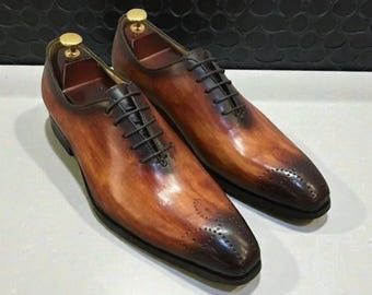 Luksusowe, ręcznie robione, męskie, brązowe, skórzane, sznurowane, eleganckie buty typu Oxford z cieniowaniem