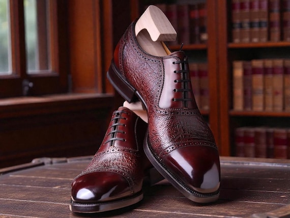 Handcrafted Burgundy Leather Cap Toe Shoes - Men's Two Tone Formal Oxfords