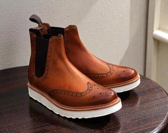 Luksusowe, ręcznie robione, męskie, brązowe, skórzane, z podeszwą Vibram, wsuwane, formalne botki Chelsea do kostki