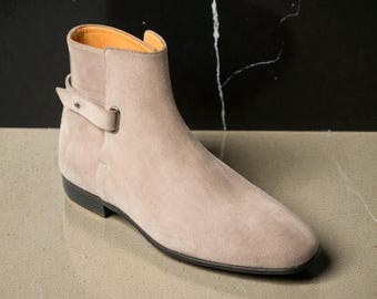 Luksusowe, ręcznie robione, męskie, zamszowe, w kolorze ecru, buty Jodhpur z klamrą na pasek, do formalnej sukienki