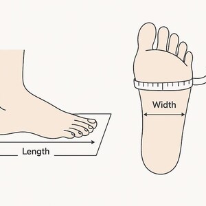 K&ouml;nnte beinhalten: Illustration zur Fu&szlig;vermessung. Ein Fu&szlig; mit Pfeil f&uuml;r die L&auml;nge und ein zweiter mit Ma&szlig;band f&uuml;r die Breite. Ein Lineal dient als Referenz. Die Ma&szlig;e sind in Zentimetern angegeben.