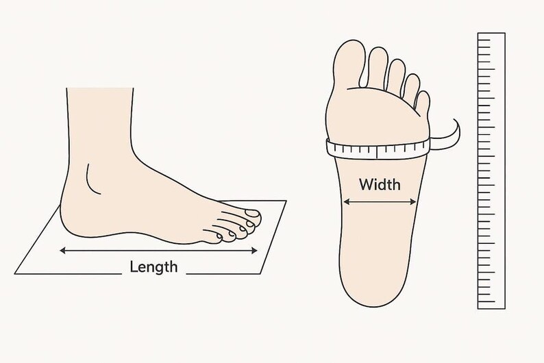 K&ouml;nnte beinhalten: Illustration zur Fu&szlig;vermessung. Ein Fu&szlig; mit Pfeil f&uuml;r die L&auml;nge und ein zweiter mit Ma&szlig;band f&uuml;r die Breite. Ein Lineal dient als Referenz. Die Ma&szlig;e sind in Zentimetern angegeben.