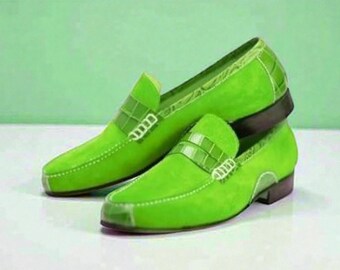 Mocasines de piel de cocodrilo de ante verde hechos a mano - Mocasines sin cordones para hombre
