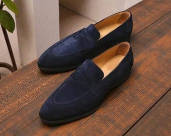 Mocasines de vestir de ante azul hechos a mano de LuxuriousHides para hombre