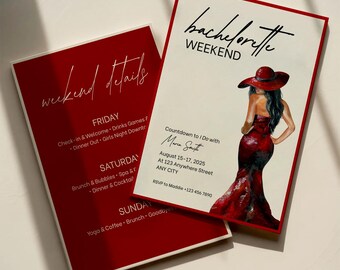 Red Bachelorette Weekend Invitation: Bride's Getaway Itinerary, Editable Canva Template (Digital Download)