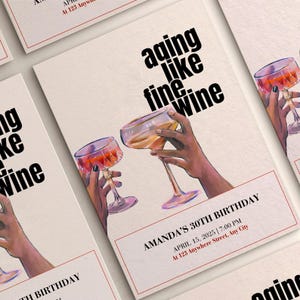 Invito di compleanno "Invecchiamento come il buon vino": modello Canva modificabile (download digitale)