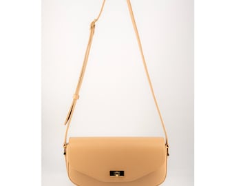 Beige Leather Baguette Shoulder Bag, Genuine Leather Handbag with A Flap, Minimalist Everyday Purse, Gift For Her