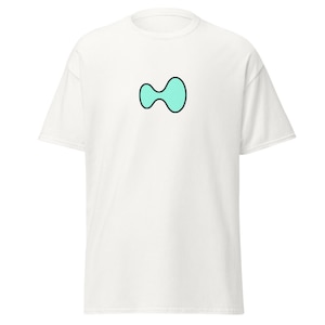 May include: White t-shirt featuring a teal abstract design. The design is a simple, organic shape with a teal fill and a black outline. The t-shirt is made of a soft, comfortable material.