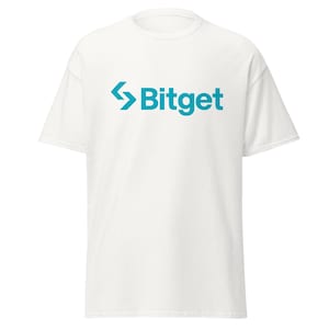 May include: A white t-shirt with the word "Bitget" in teal blue, accompanied by a teal blue arrow-like symbol pointing left. The t-shirt is a casual, short-sleeved style.