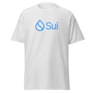 May include: A light gray t-shirt featuring the word "Sui" in light blue, accompanied by a stylized blue teardrop logo. The shirt is made of a soft material and has a classic crew neck design.