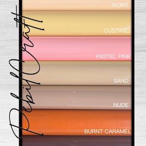 May include: A color palette featuring eight shades, including ivory, custard, pastel pink, sand, nude, burnt caramel, and chocolate. The colors are displayed in horizontal bands with the color names labeled in white text. The image has a black border and the text "Rebil Craft" in a script font.