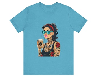 Tattooed Woman Coffee Tee: Graphic Unisex Jersey T-Shirt