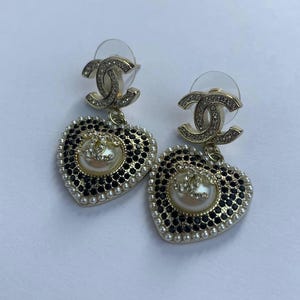 Chanel Gold CC Logo Pearl Rhinestone Heart Earrings