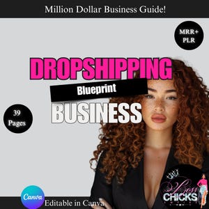 May include: A digital marketing guide titled "Dropshipping Blueprint Business" with the text "Million Dollar Business Guide!" and "39 Pages." The image features a woman with curly hair and the Canva logo. The guide is editable in Canva.