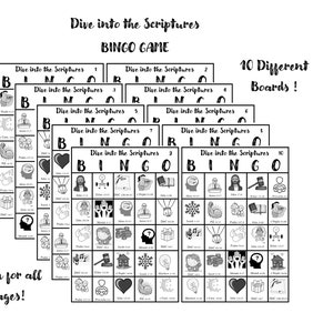 May include: A stack of ten black and white Bingo cards with the text "Dive into the Scriptures" and "Bingo Game". Each card features illustrations and Bible references. Text on the image says "Fun for all ages!"