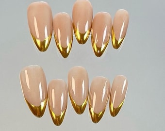 gold chrome french Press On Nails: Hand-Painted custom Gel Nails