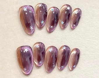 glitter cat eye star Press On Nails: Hand-Painted custom Gel Nails