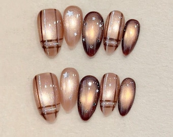 Glitter cat eye stjärna Press On Nails: Handmålade specialanpassade gelnaglar