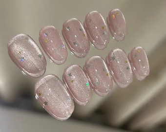 glitter pink cat eye star Press On Nails: hand painted custom Gel Nails