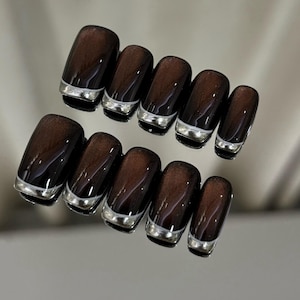 Silber Chrom französisches Katzenauge Press On Nails: Benutzerdefinierte Gelnägel