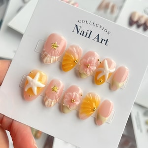 3D Sea Star Press On Nails: Hand Painted Faux Acrylic Gel Nails