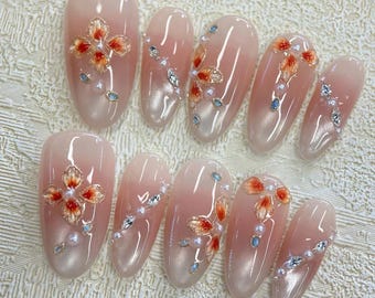 Pink Flower Press On Nails: handgeschilderde aangepaste nagels