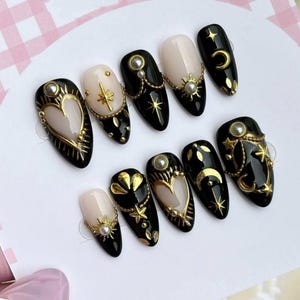 Gold Star Black Press On Nails: Handmade Celestial Nail Art