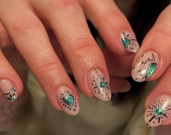 Glitter Star Press On Nails: Hand-Painted Faux Acrylic Gel Nails