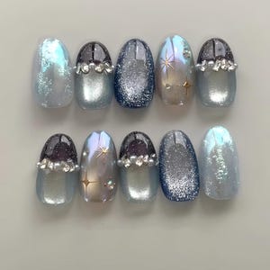 glitter cat eye nails/ hand painted nails /custom press on nails/ hand made Press on Nails/Faux Acrylic Nails/ Gel Nails/Press on Nail
