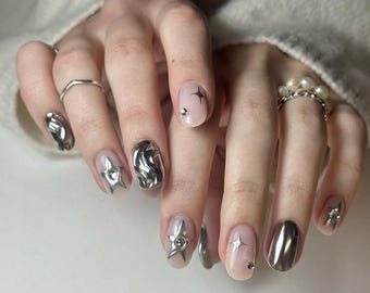 Handgjorda Silver Chrome Star Press On Naglar