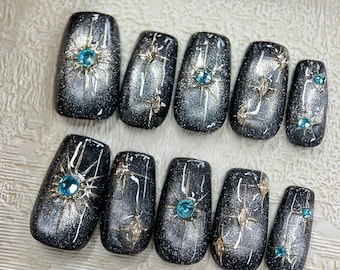 silver star glitter cat eye Press On Nails: custom Gel Nails